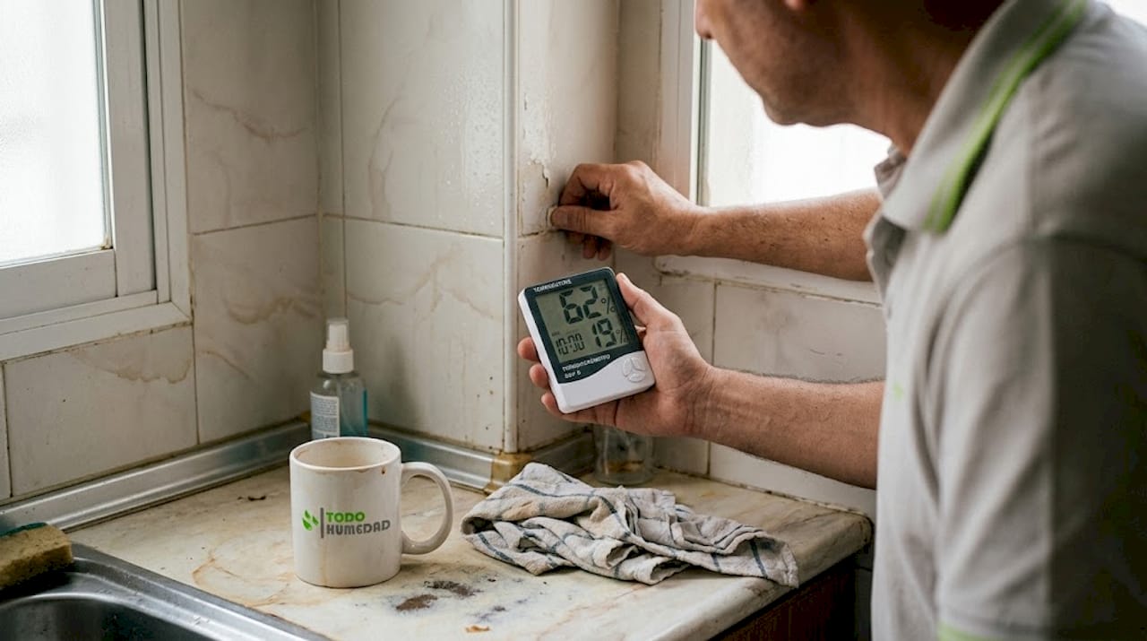 Una persona mide la temperatura y la humedad en su cocina con un termohigrómetro.