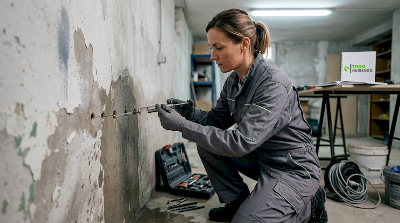 Técnico aplicando resina en una pared húmeda del sótano