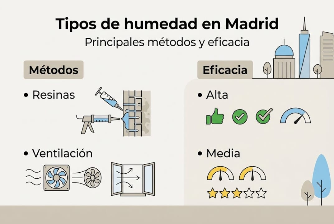 Infografía sobre los diferentes tipos de humedad y cómo se manifiestan en Madrid