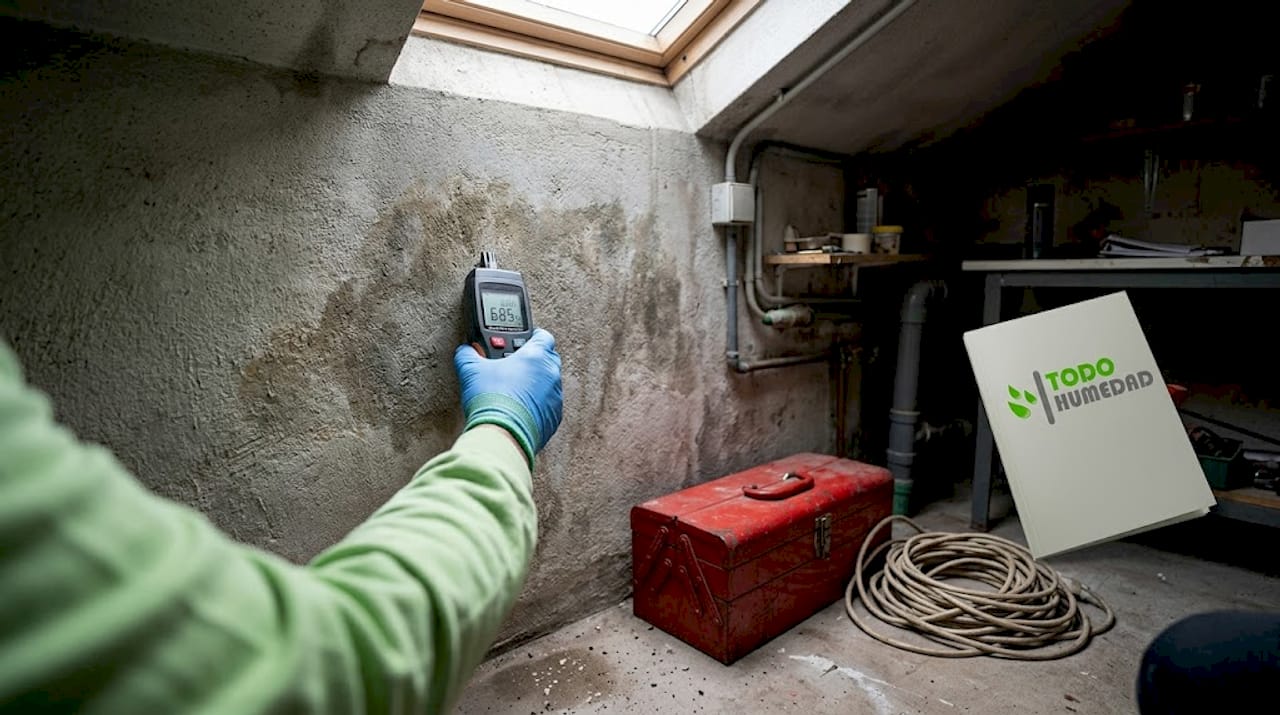 Mano utilizando un medidor digital de humedad