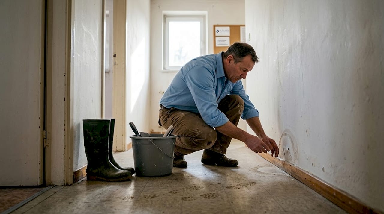 Un hombre revisa una mancha de humedad en la pared