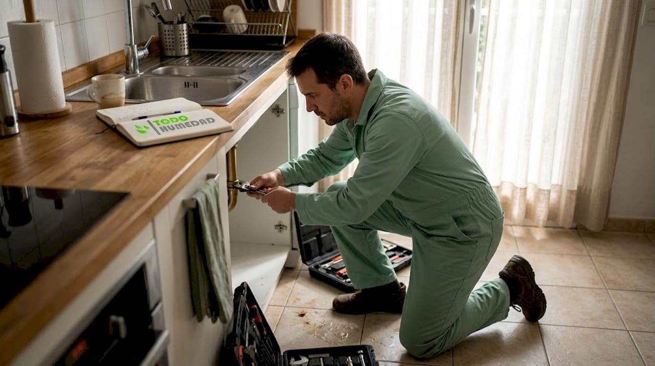Un fontanero arregla una fuga de agua en la tubería que está debajo del fregadero de la cocina.