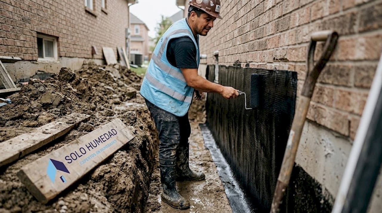 Un operario coloca una membrana impermeabilizante en la pared exterior de un sótano.