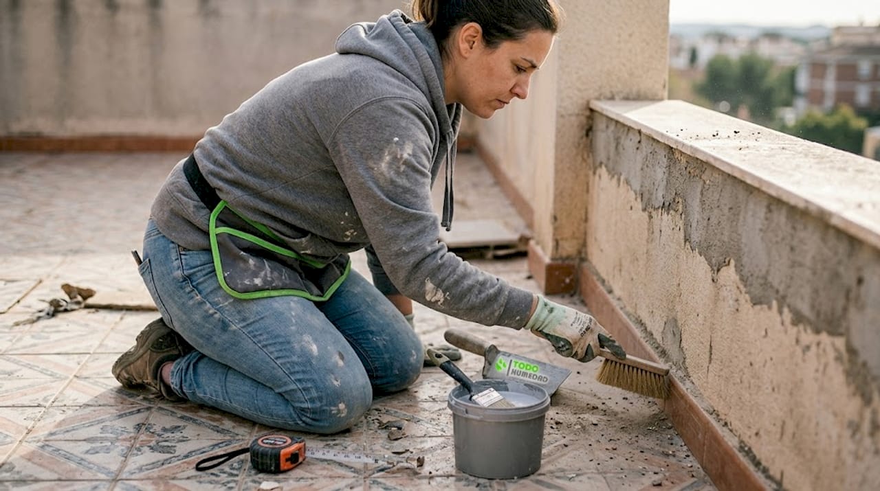 Operario alistando la junta de la terraza para aplicar la impermeabilización