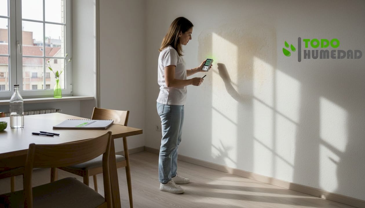 Una mujer revisa los niveles de humedad en su hogar utilizando un higrómetro.