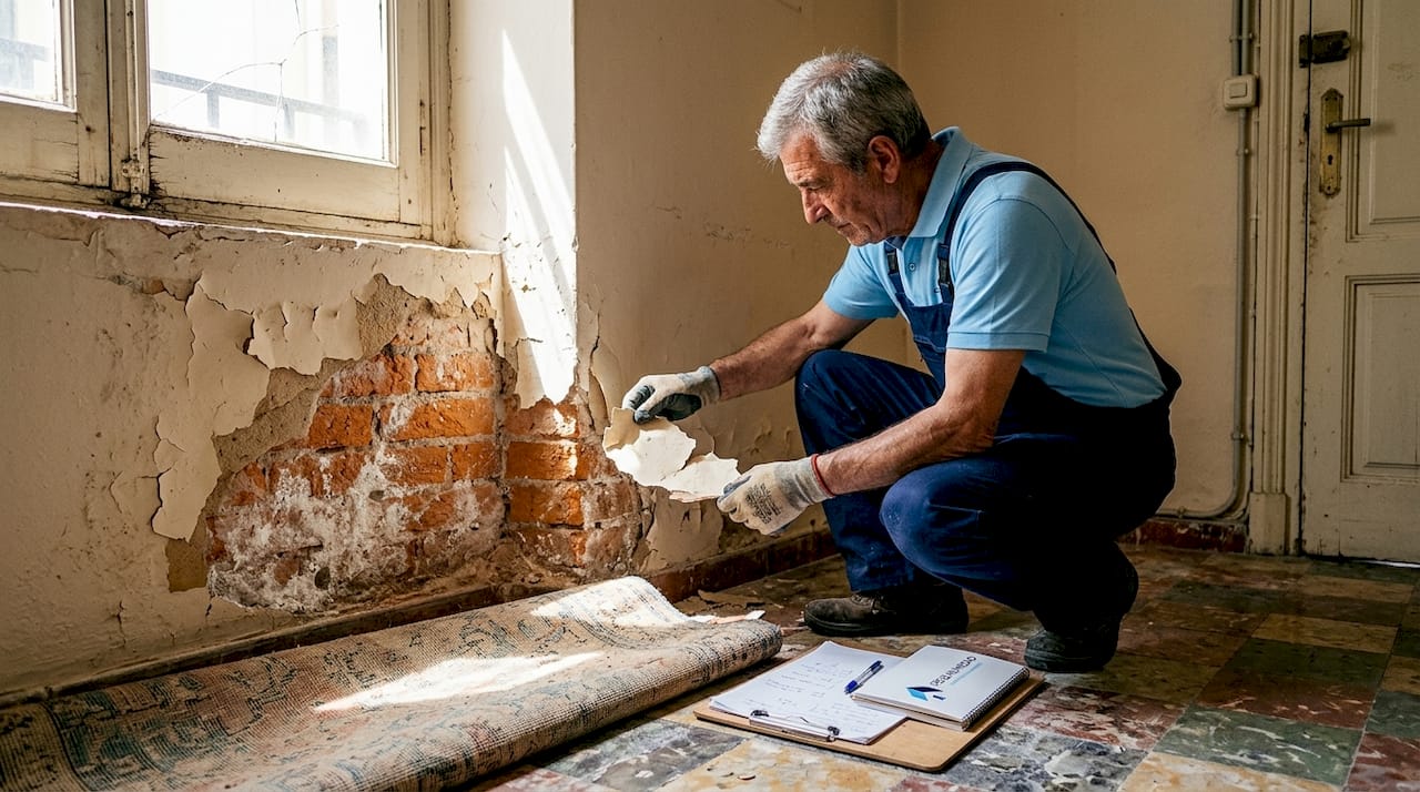 Técnico revisando la humedad en un edificio antiguo