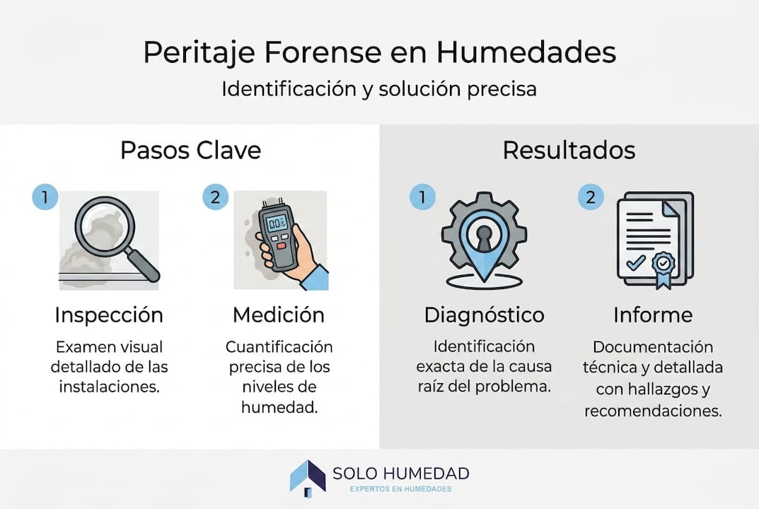Infografía que resume las etapas fundamentales del proceso de peritaje forense