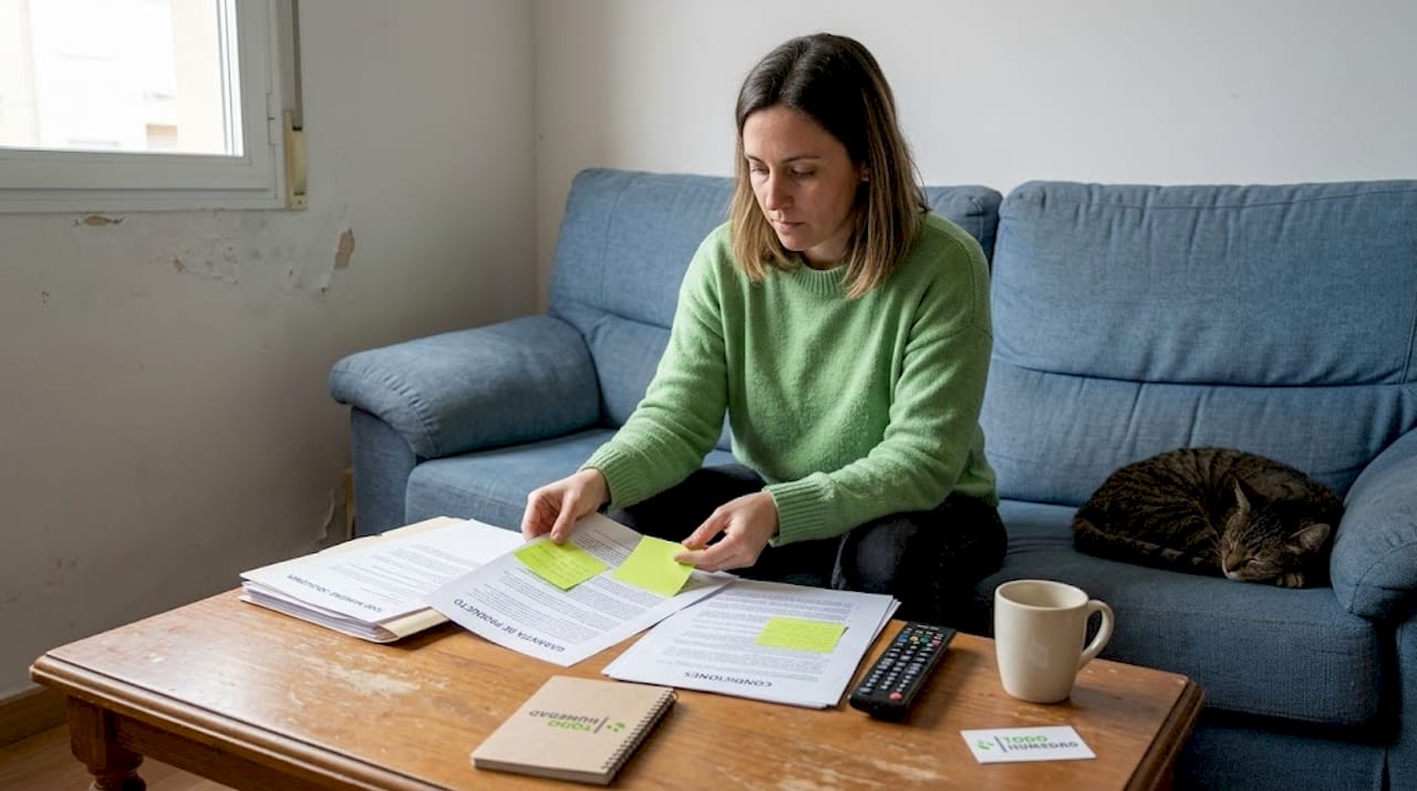 Una mujer examina los papeles de la garantía sentada en el salón.