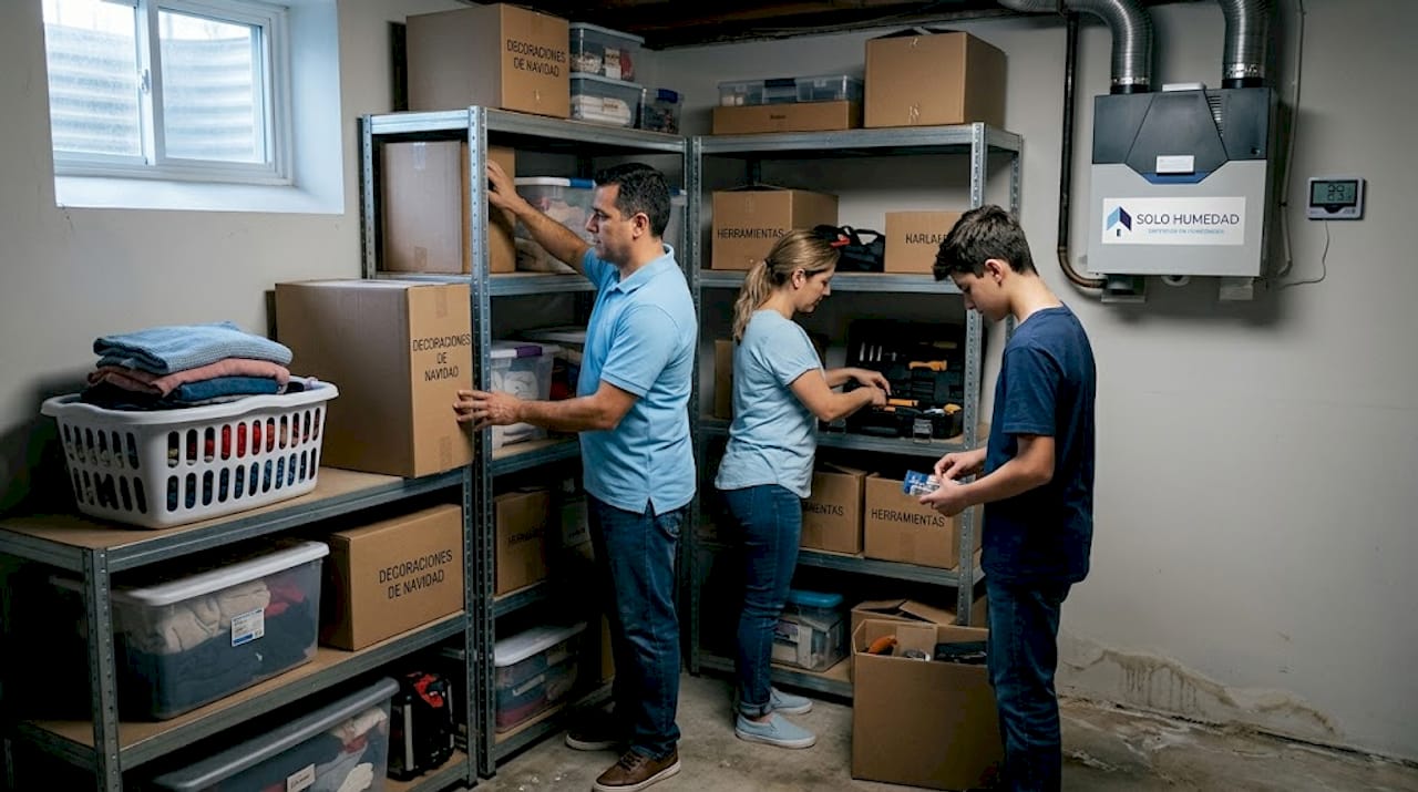 Una familia pone en orden su sótano e instala un sistema de ventilación mecánica para mejorar el ambiente.