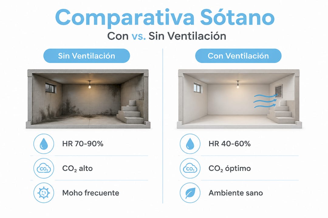 Infografía que compara las distintas formas de ventilar un sótano