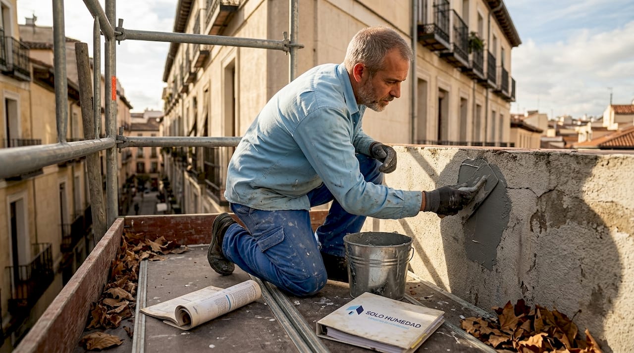 Un trabajador está aplicando un sellador impermeabilizante en la pared.
