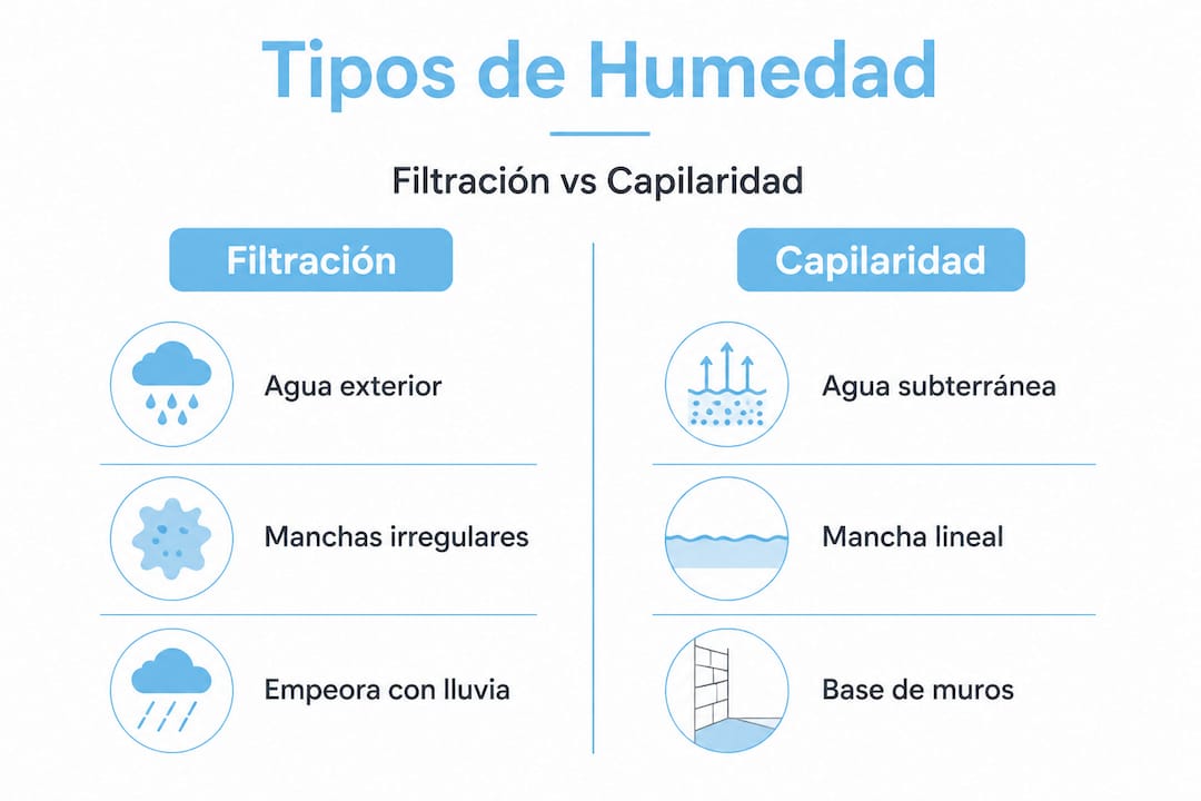 Infografía que muestra las diferencias entre la humedad por filtración y la humedad por capilaridad