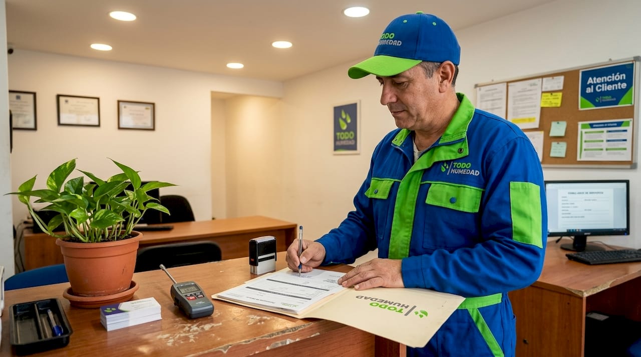 El técnico formaliza la garantía firmando los documentos en la oficina de la empresa.