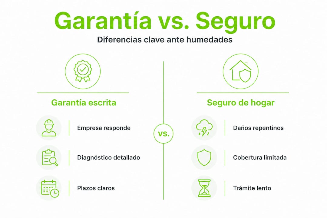 Infografía: diferencias clave entre garantía y seguro frente a problemas de humedades