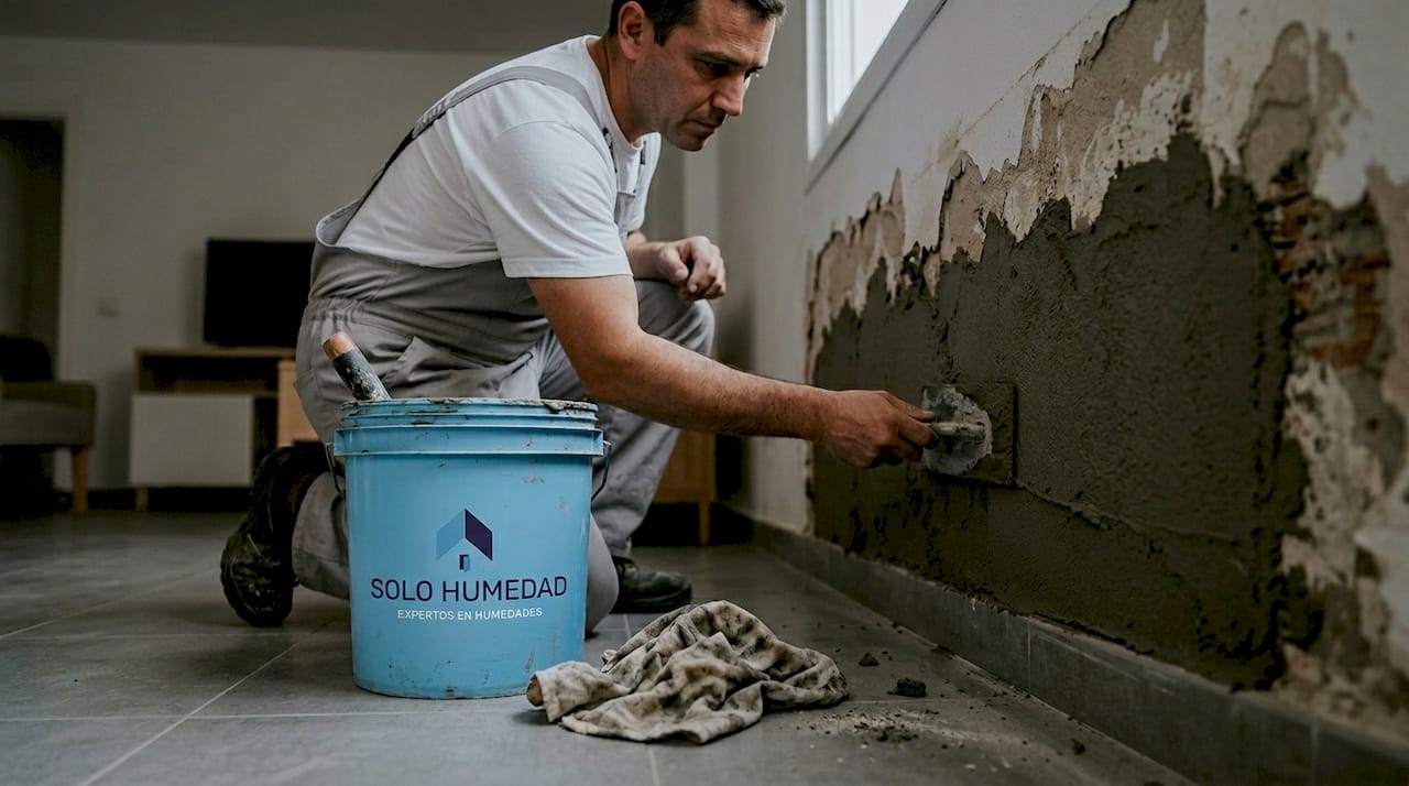 Experto preparando el muro con mortero transpirable para asegurar una óptima protección y durabilidad.