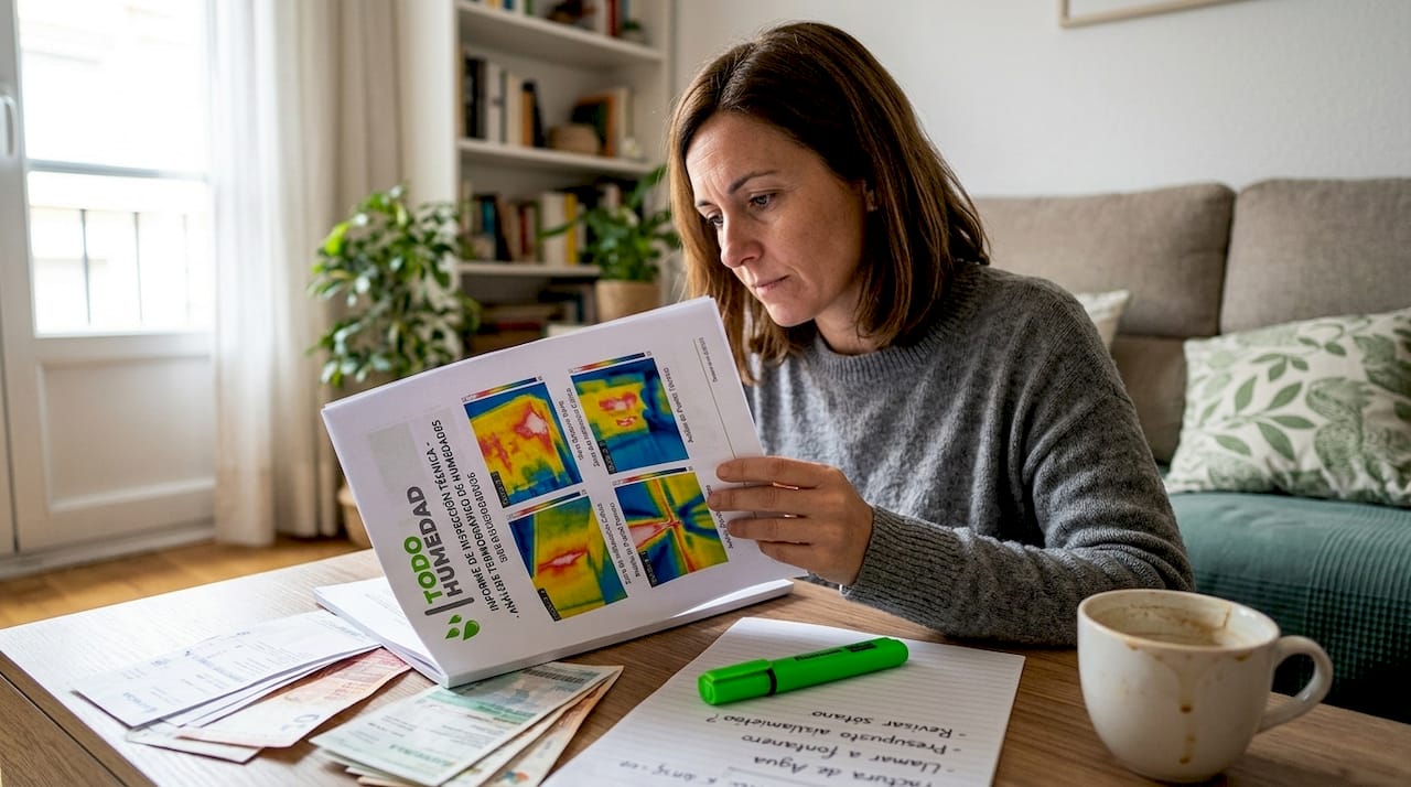 Dueña revisando el informe técnico en su hogar