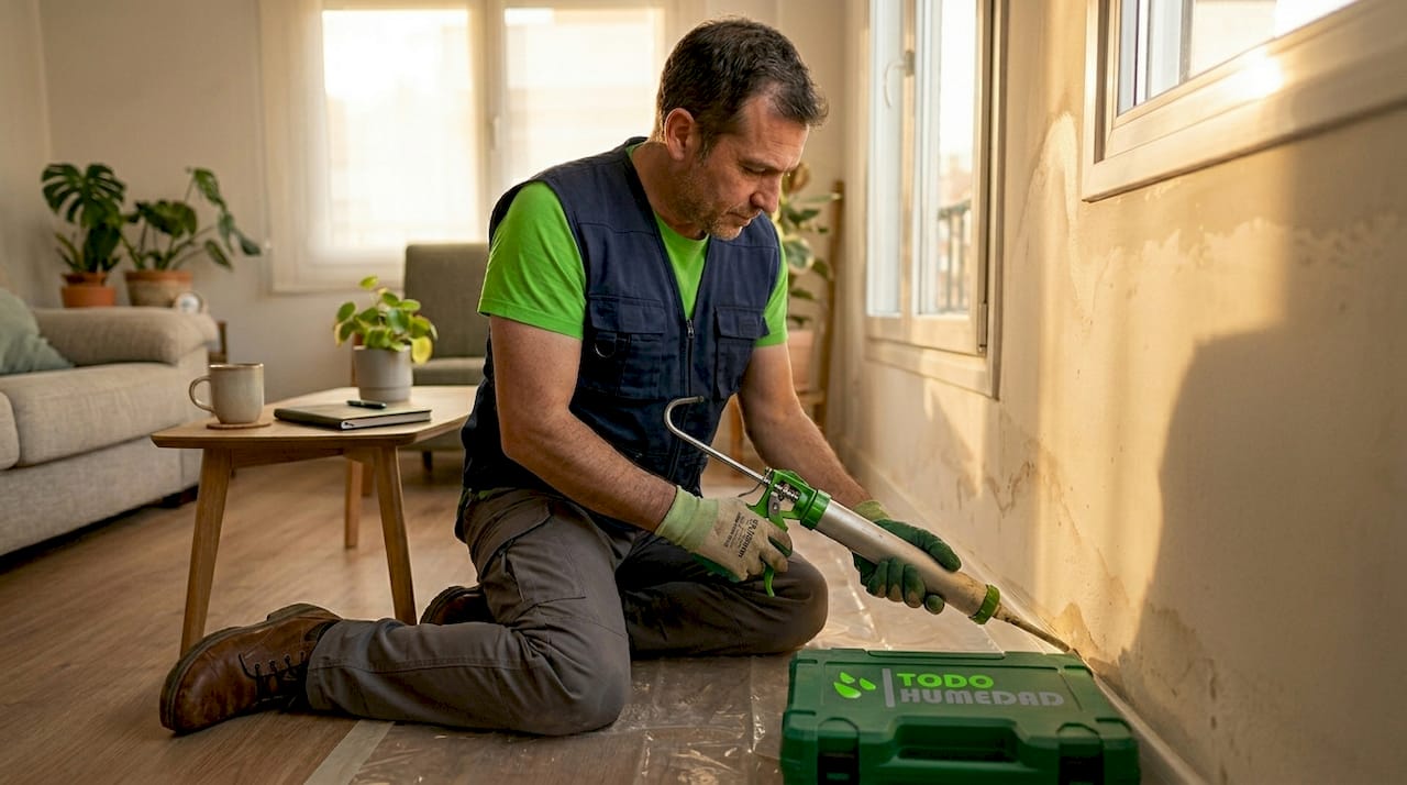 Especialista aplicando un tratamiento impermeabilizante en la pared
