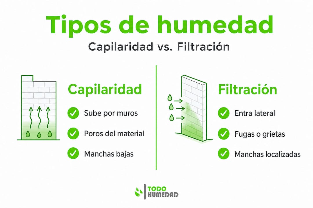 Infografía que muestra las diferencias entre la capilaridad y la humedad por filtración