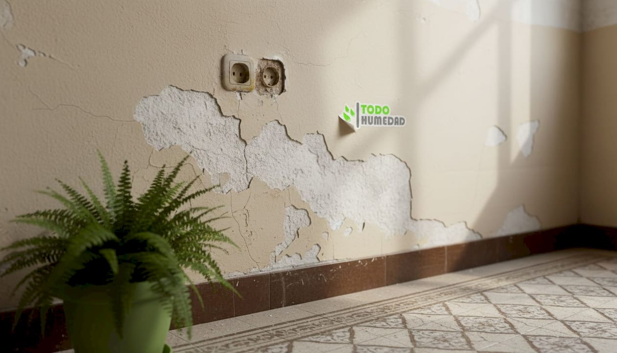Detalle de una pared dañada, con pintura desprendida a causa de la humedad.