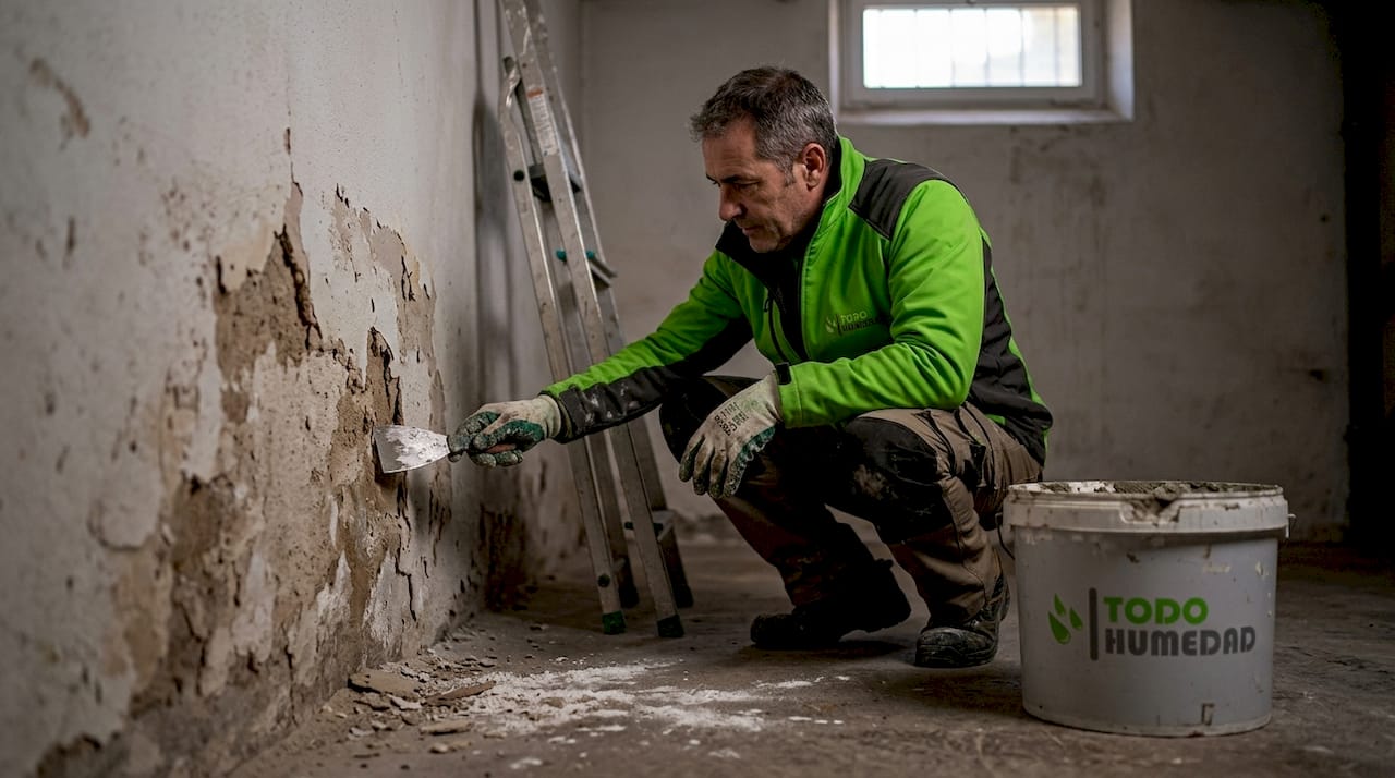 Un trabajador revisa y acondiciona una pared afectada por la humedad.