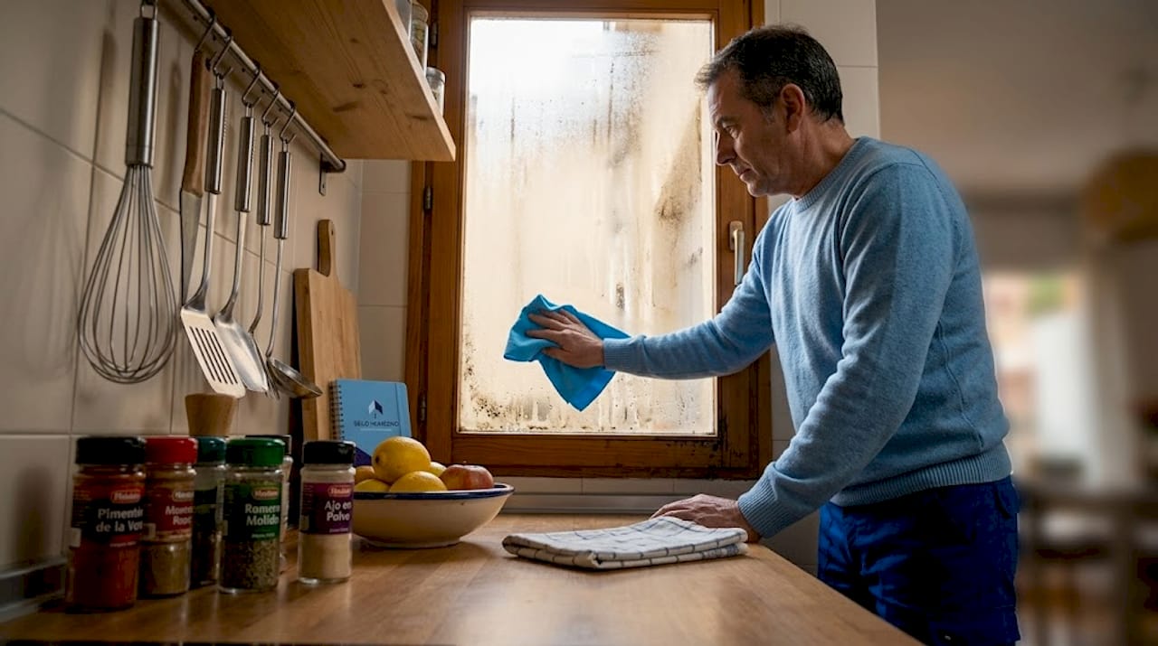 Un hombre limpia el vaho de una ventana en su casa provocado por la humedad.