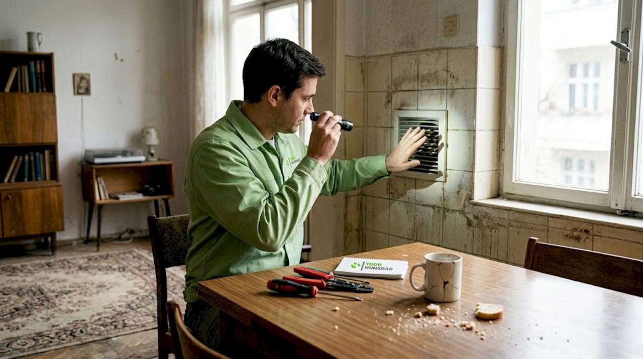 Un especialista inspecciona el sistema de ventilación para detectar problemas de humedad.