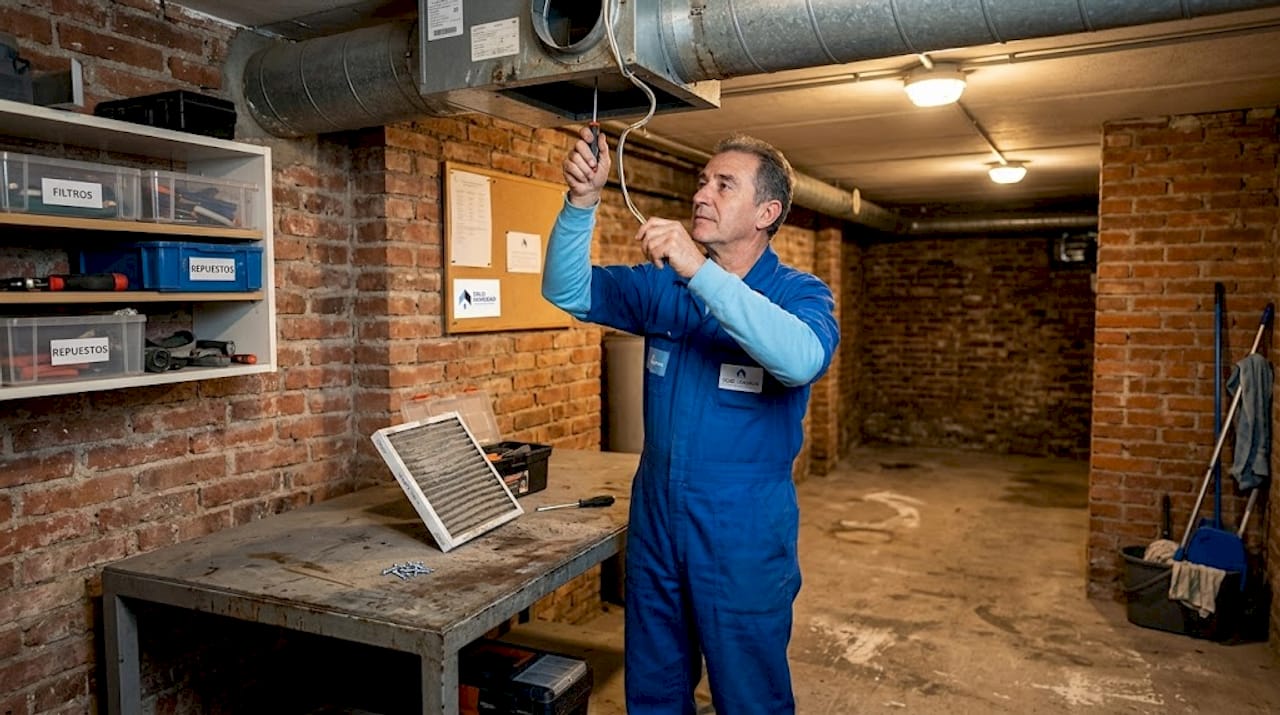Especialista realizando una inspección al sistema de ventilación del edificio comunitario
