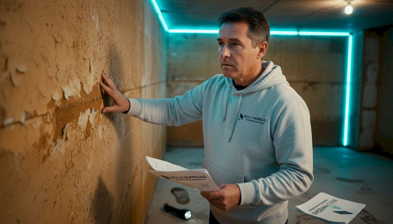 Dueño de la vivienda inspeccionando los daños por humedad en la pared