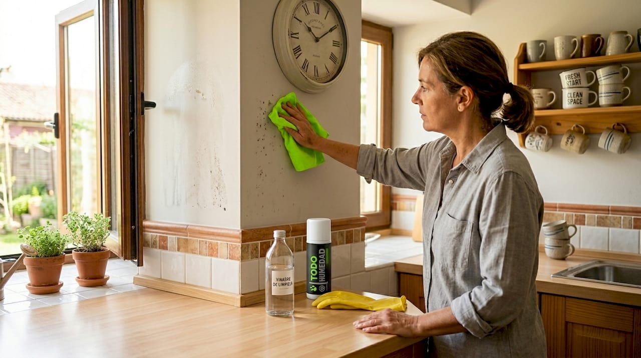 Una mujer limpia la pared de la cocina para eliminar el moho.
