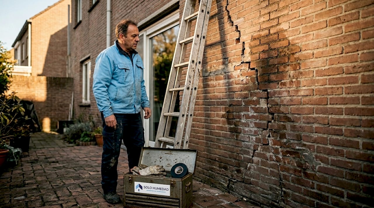 Trabajador revisando las grietas que han aparecido en la fachada del edificio.