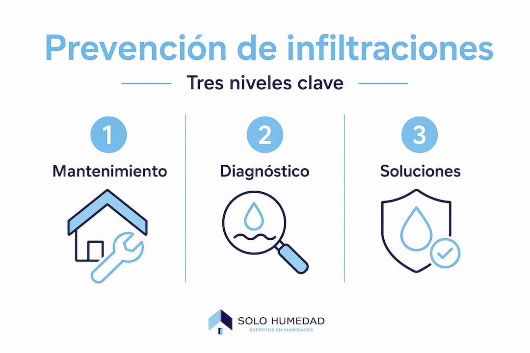 Infografía en formato vertical con consejos prácticos para evitar filtraciones en casa