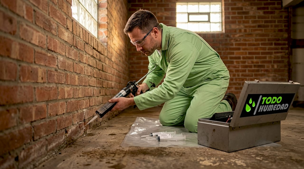 Un técnico aplica resina en la pared del sótano para reparar filtraciones.
