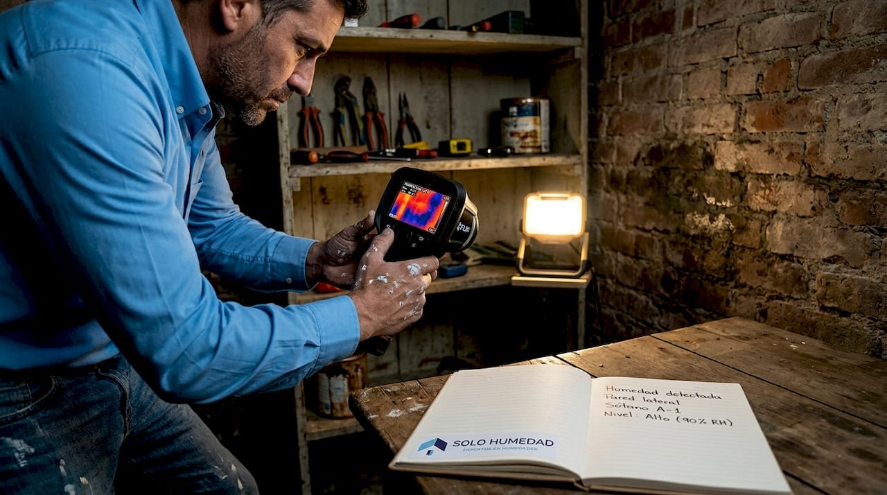 Técnico inspeccionando una pared con una cámara termográfica