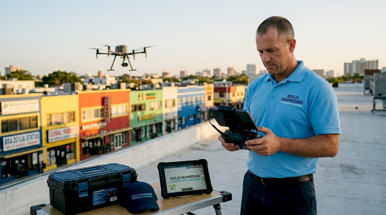 Un técnico maneja un dron para inspeccionar la fachada de un local comercial.