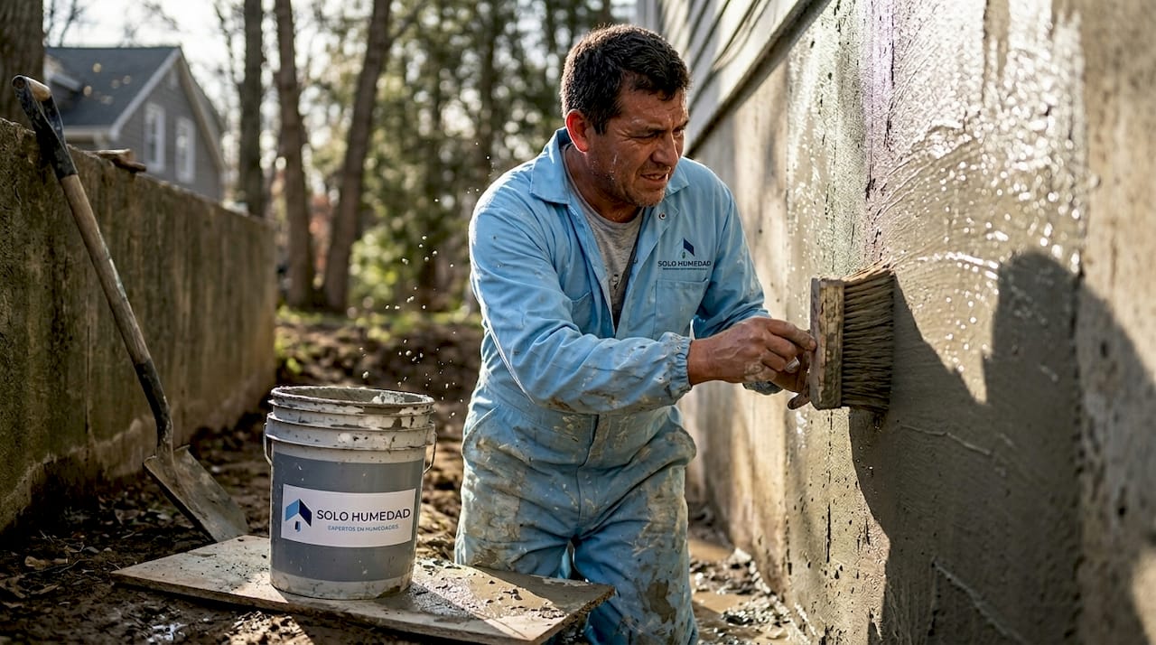 Trabajador colocando mortero en una pared exterior