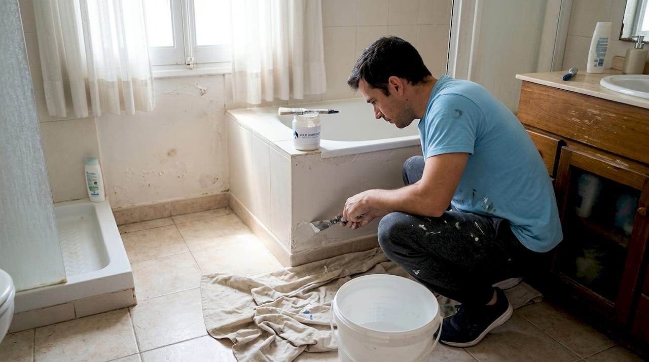 Una persona está aplicando sellador en la pared de la cocina.