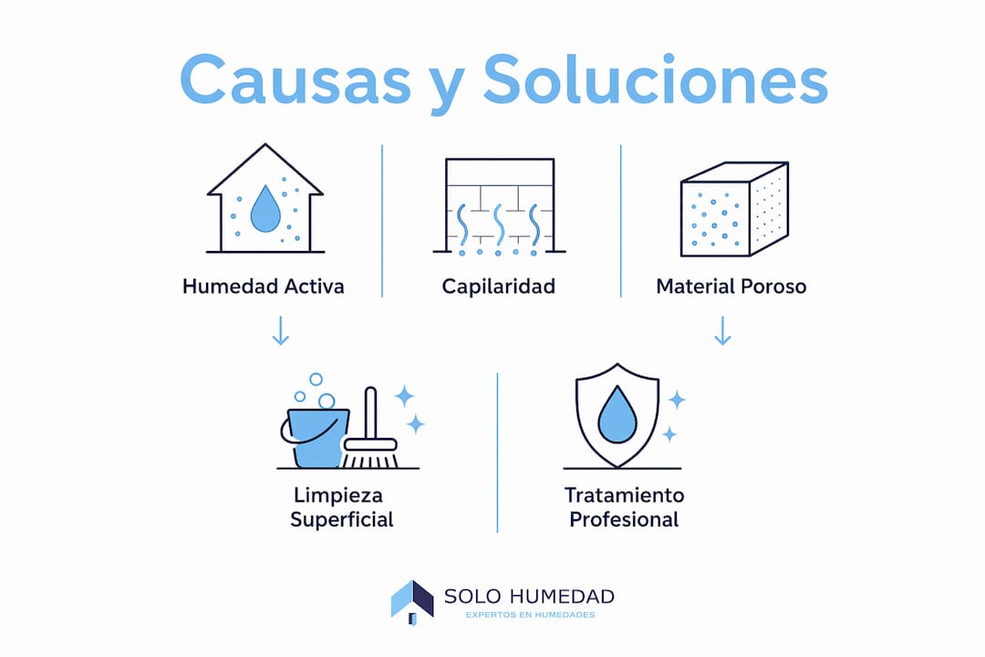Infografía con una guía paso a paso para identificar las causas y las soluciones más efectivas contra la aparición de sales en las paredes.