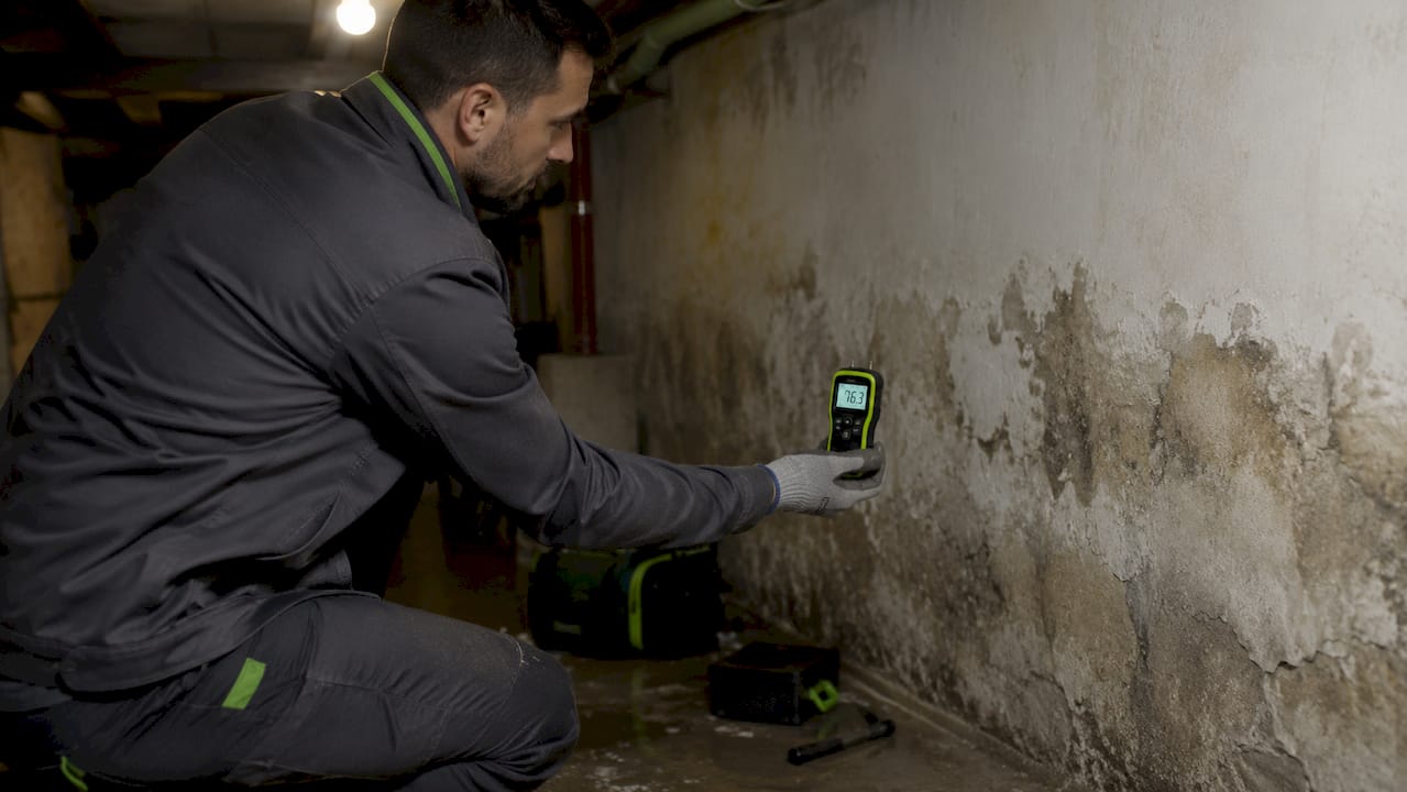 Especialista revisando la humedad en una pared con daños visibles.