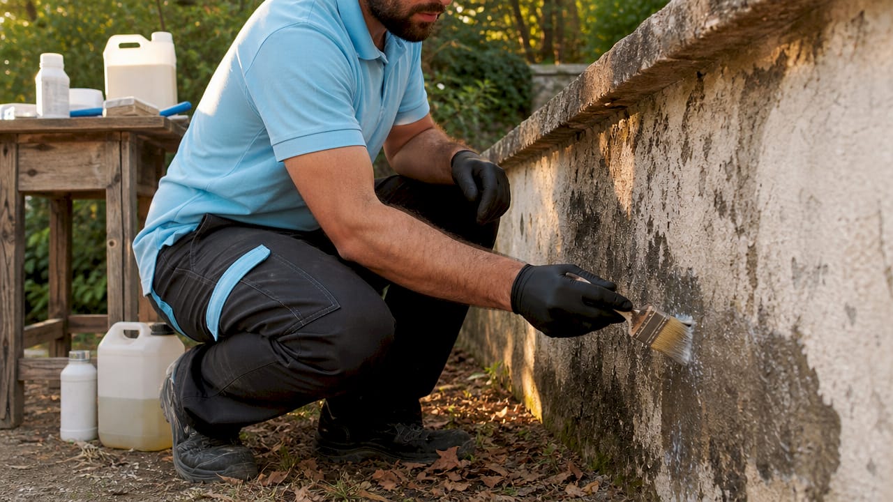Aplicación de resina antihumedad sobre una pared dañada para restaurar su superficie