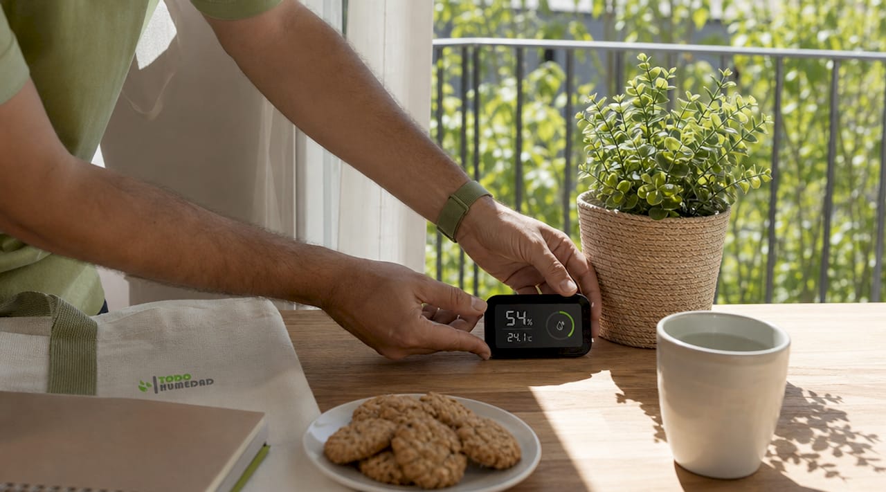 Una mesa con un medidor de humedad y una planta colocada junto a una ventana abierta