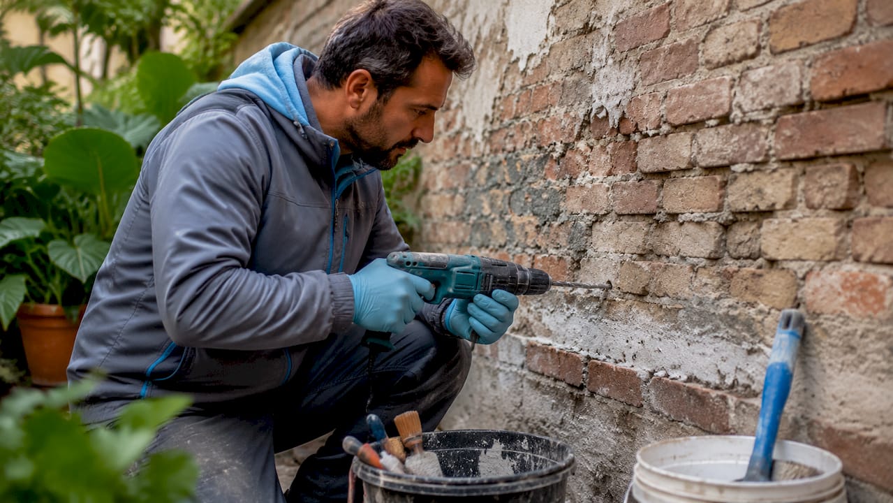 Especialista realizando trabajos de impermeabilización en una pared de ladrillo afectada por la humedad.