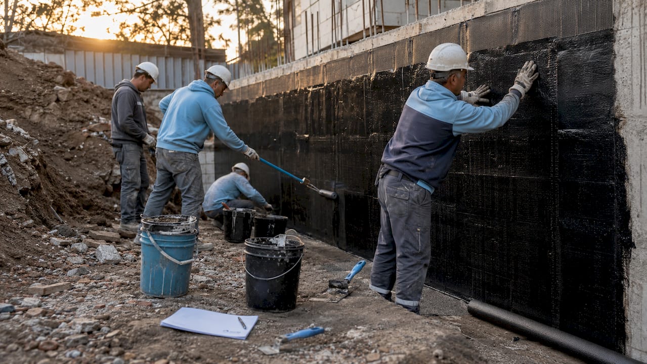 Trabajadores colocando una membrana impermeabilizante en el sótano de una obra en construcción.