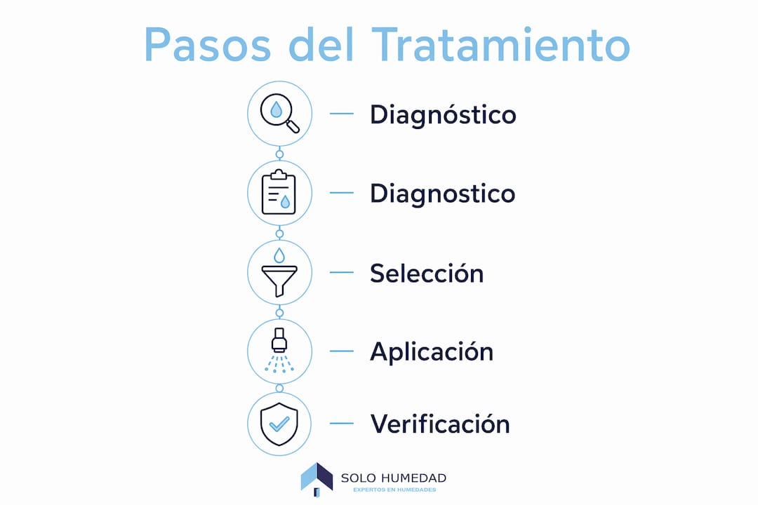 Infografía con las etapas clave del proceso profesional para solucionar filtraciones