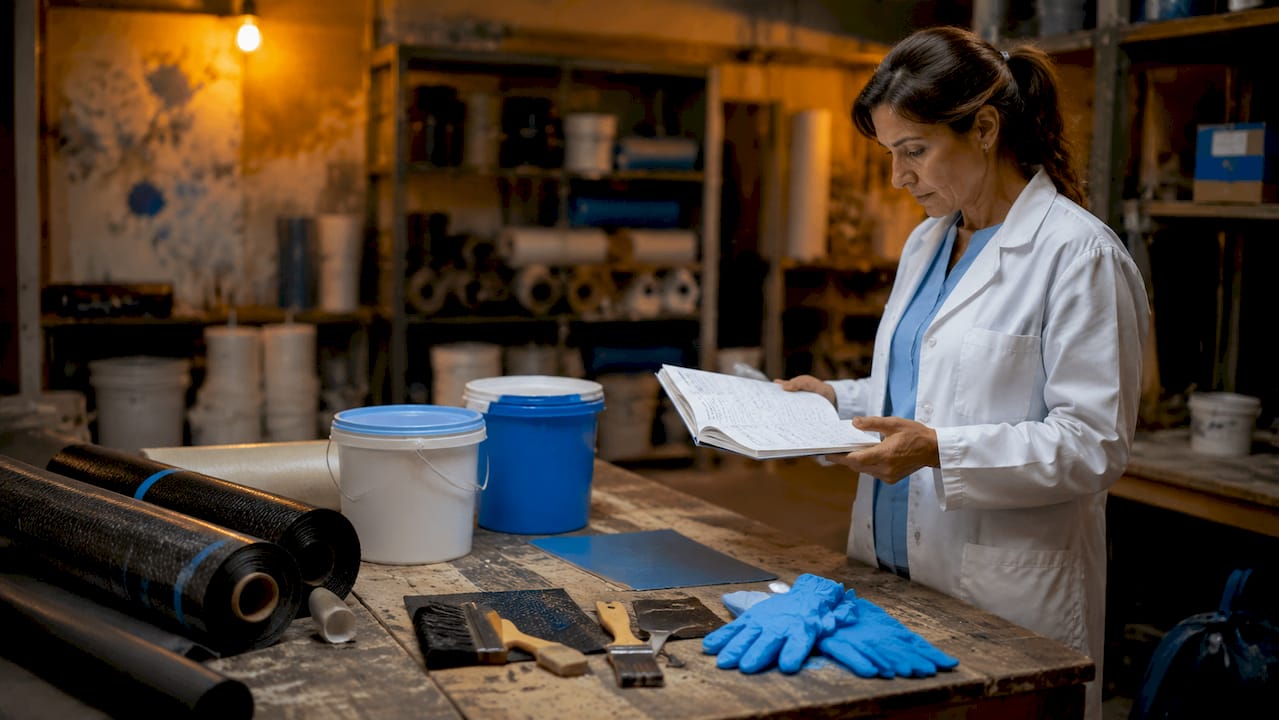 Mesa equipada con todo lo necesario para trabajos de impermeabilización: materiales y herramientas al alcance.