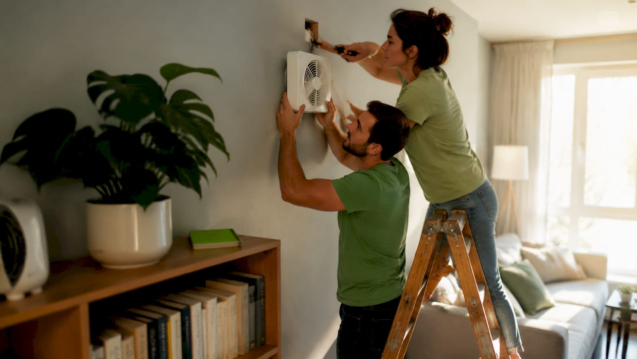 Una pareja colocando un extractor para eliminar la humedad en casa