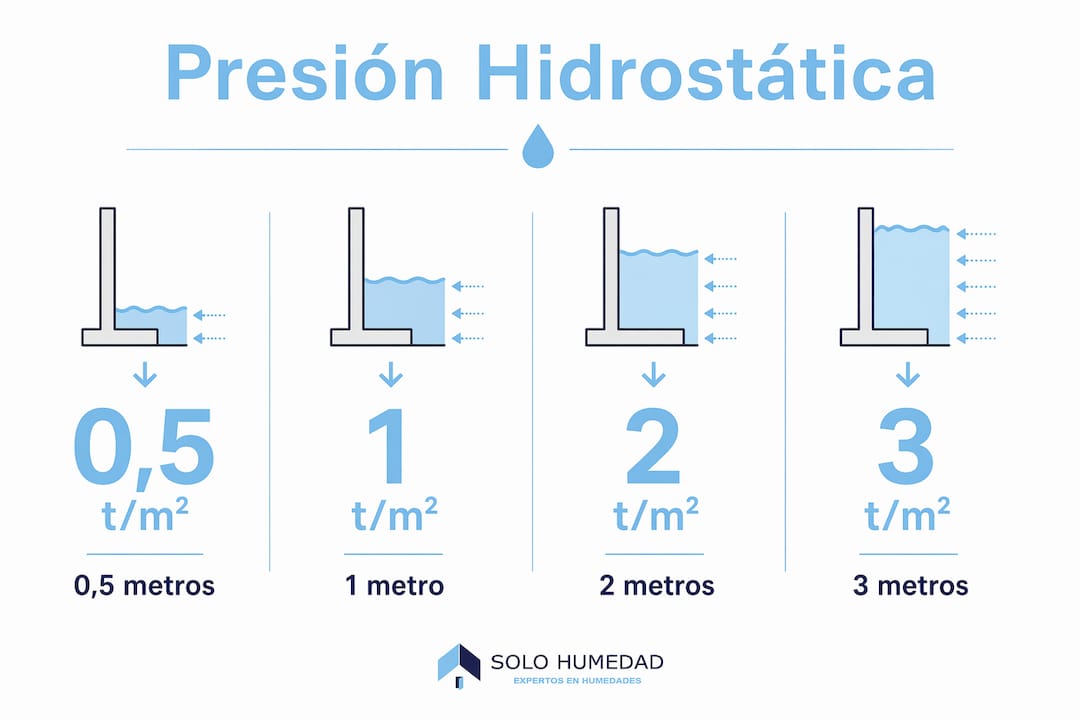Infografía sobre la presión hidrostática y los problemas de filtraciones