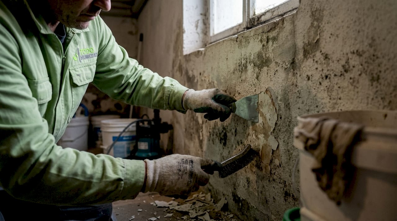 Manos retirando restos de material mojado sobre una pared con daños