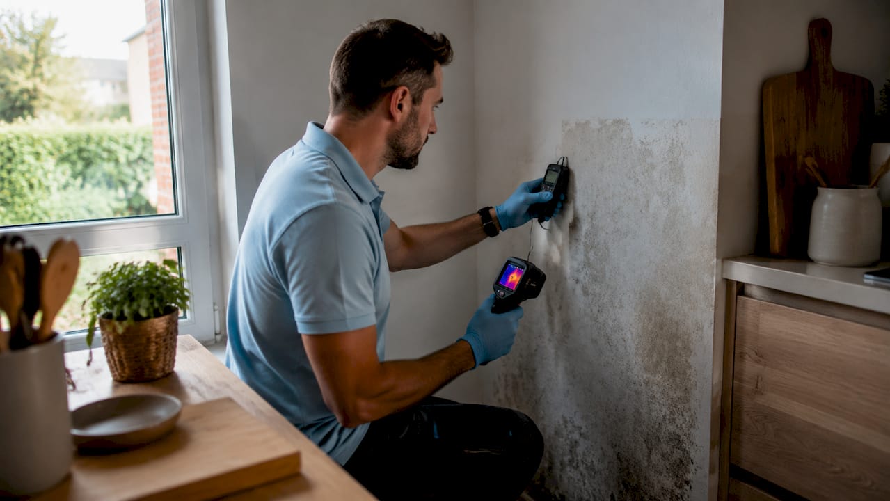 Un técnico mide la humedad de una pared con un detector especializado.