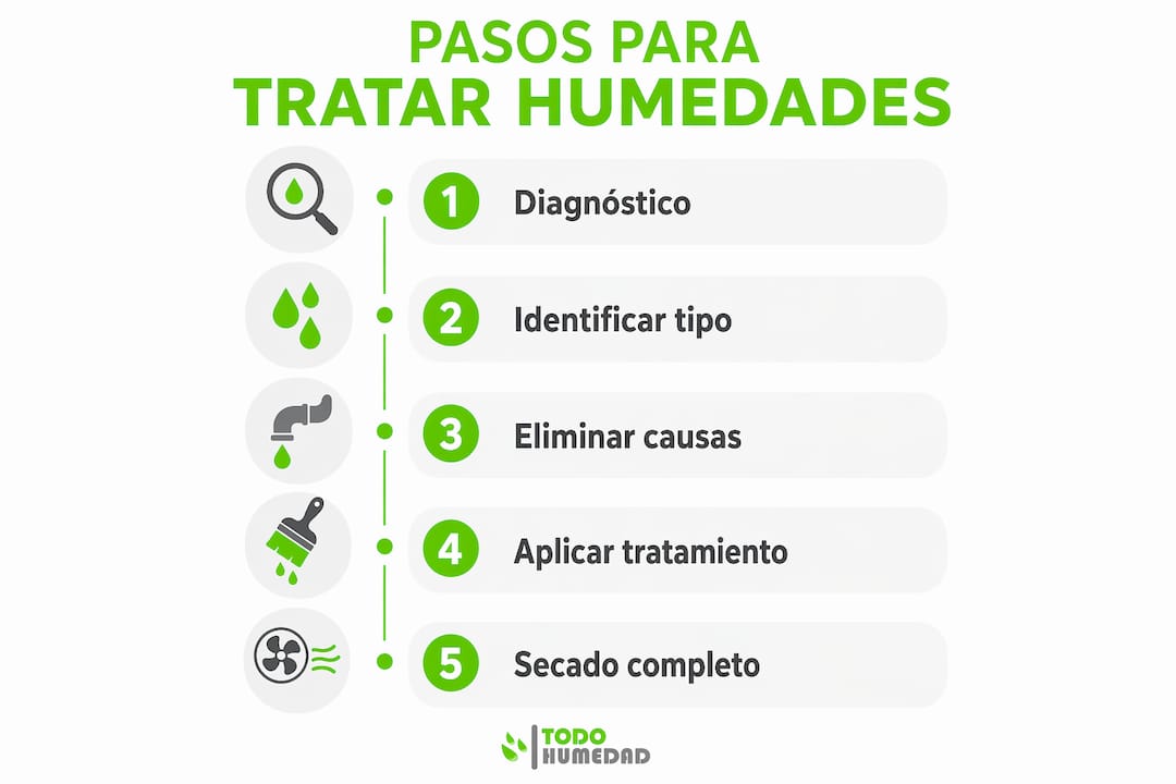 Infografía con los pasos clave para eliminar la humedad de las paredes
