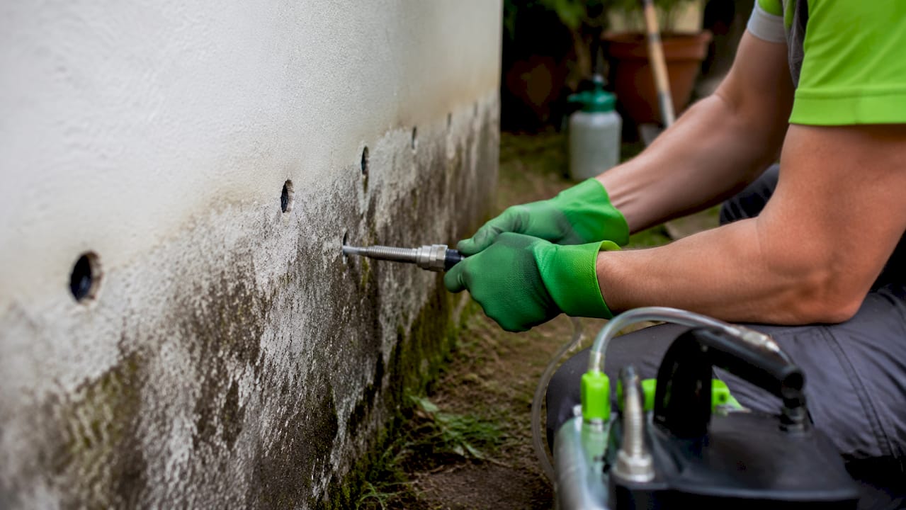 Manos aplicando inyecciones en la pared exterior